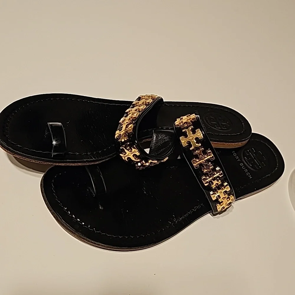 Tory Burch Black Sandal with Gold Logo Accent